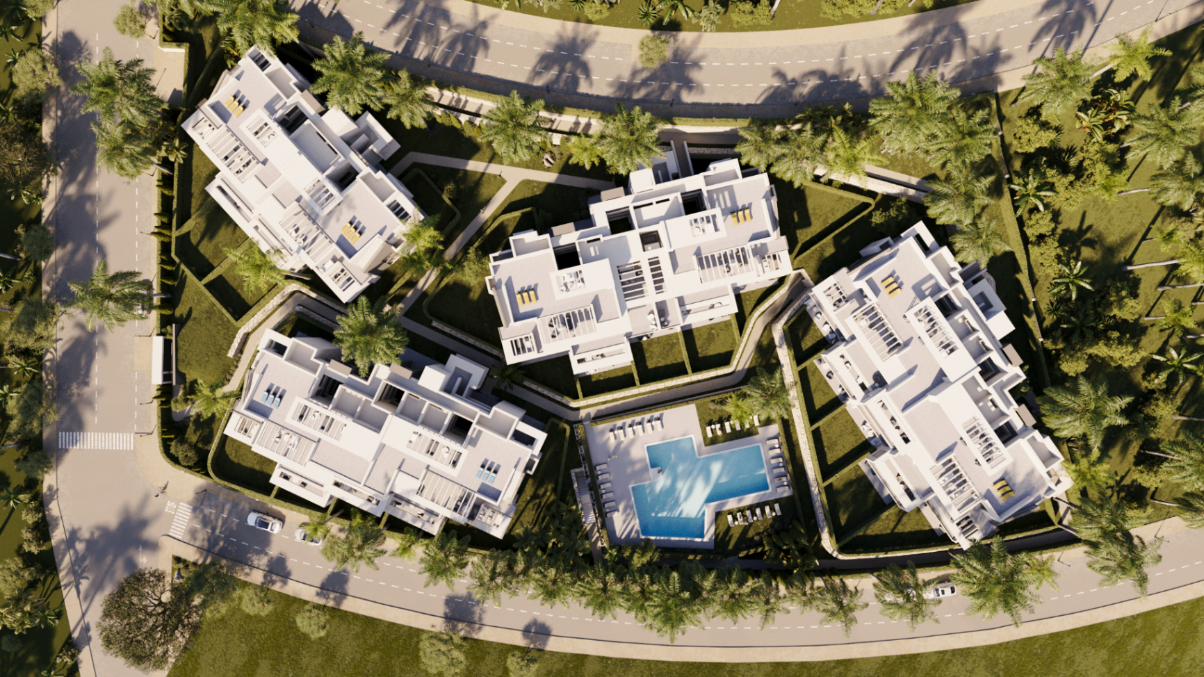 Aerial view of the boutique 48-residence development with communal pool and gardens