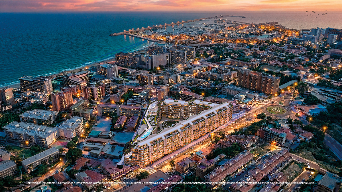 Aerial view of Torremolinos and the coastline at dusk