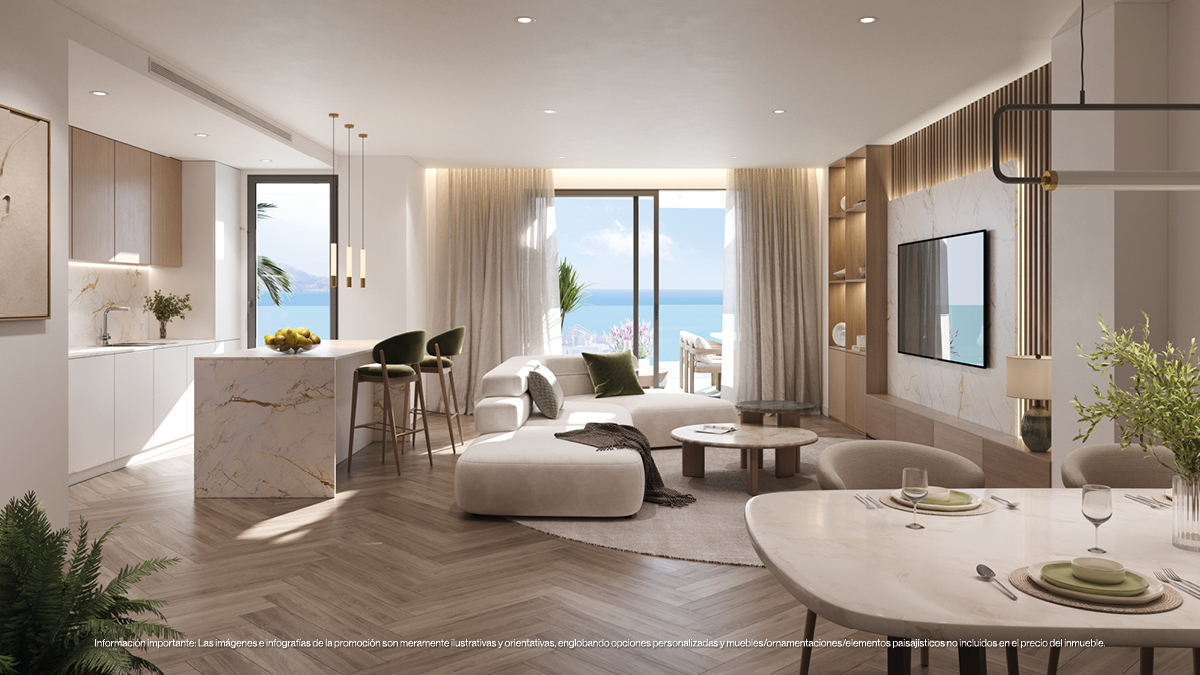 Open-plan living and dining area with sea views