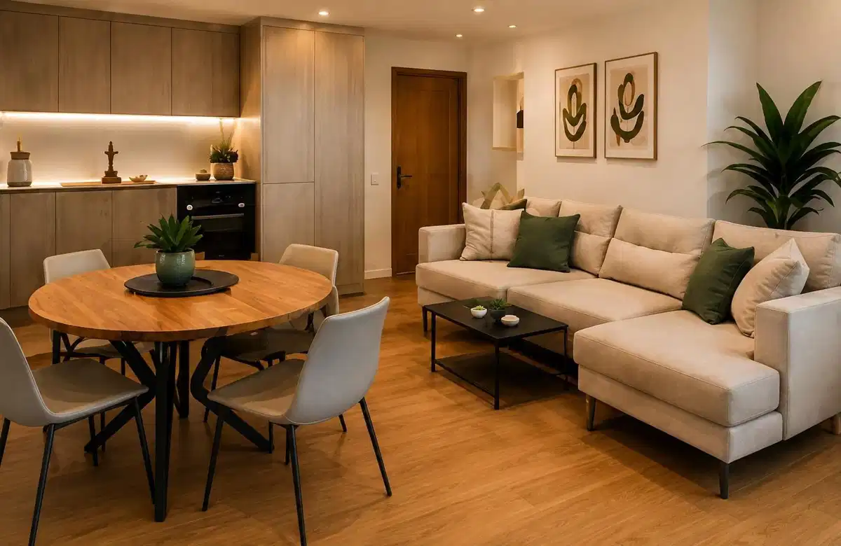 Furnished living and dining area with fitted kitchen