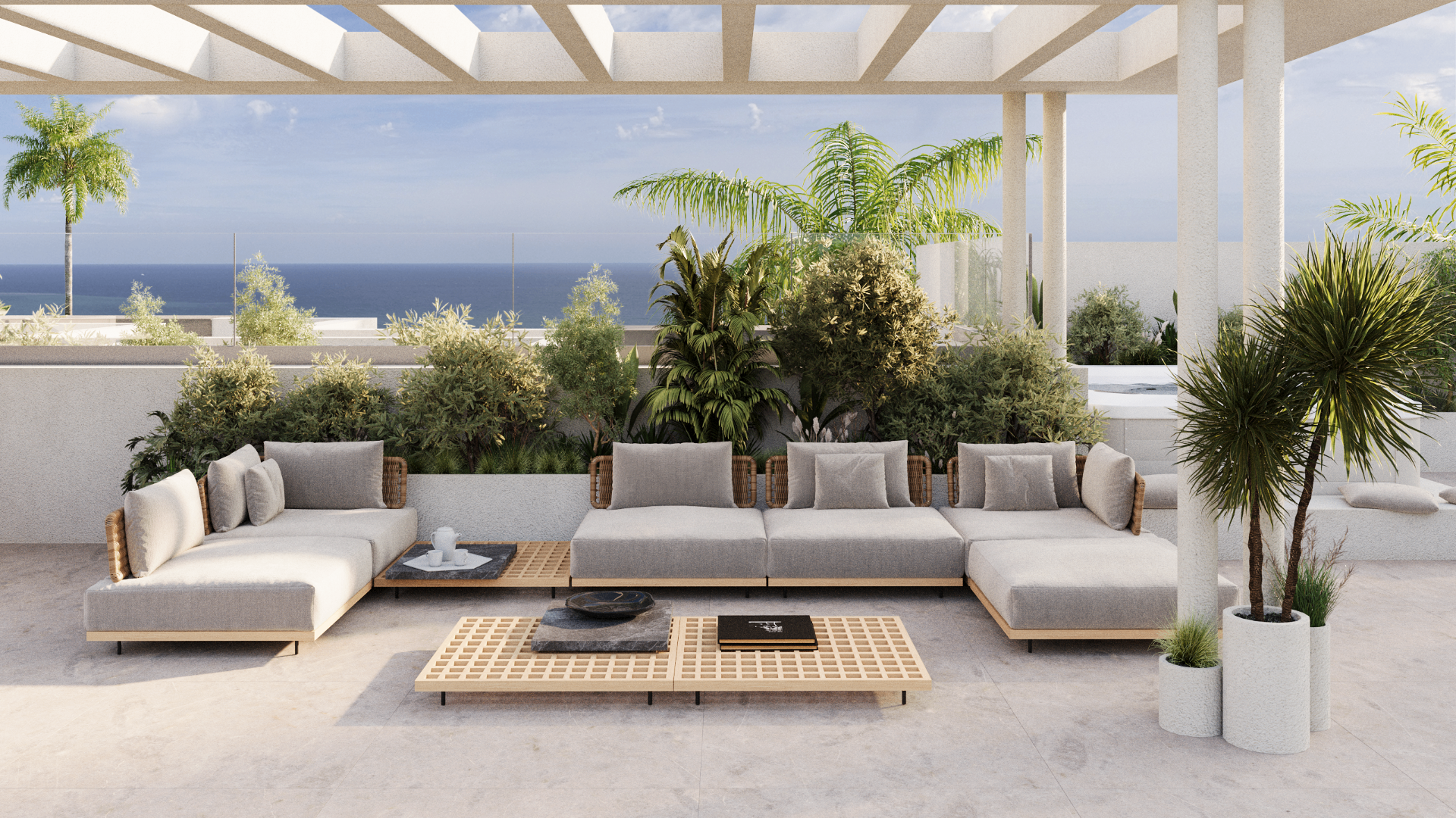 Private penthouse terrace with pergola, lounge seating and sea view