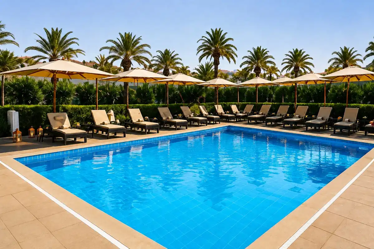 Communal outdoor swimming pool surrounded by palm trees