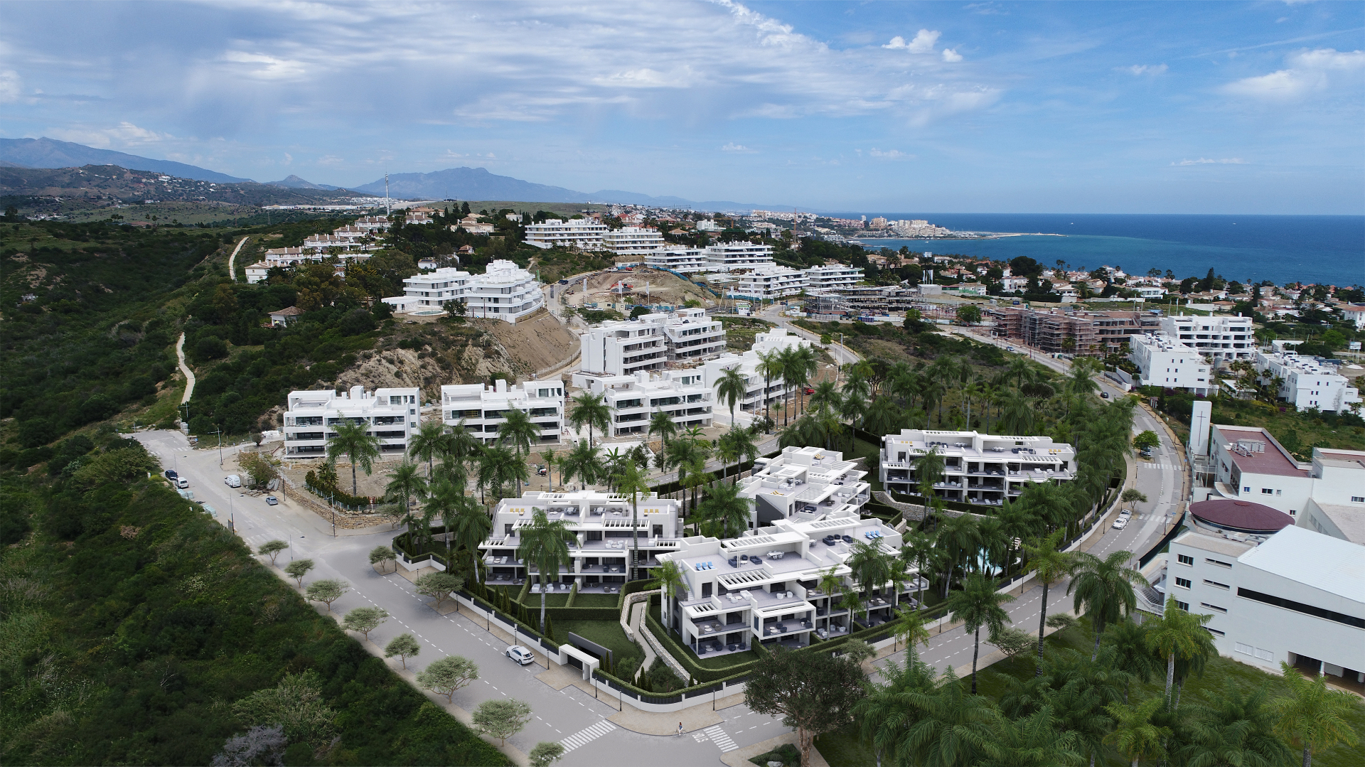 Aerial view of Estepona coastline with the Mediterranean Sea and residential neighbourhoods