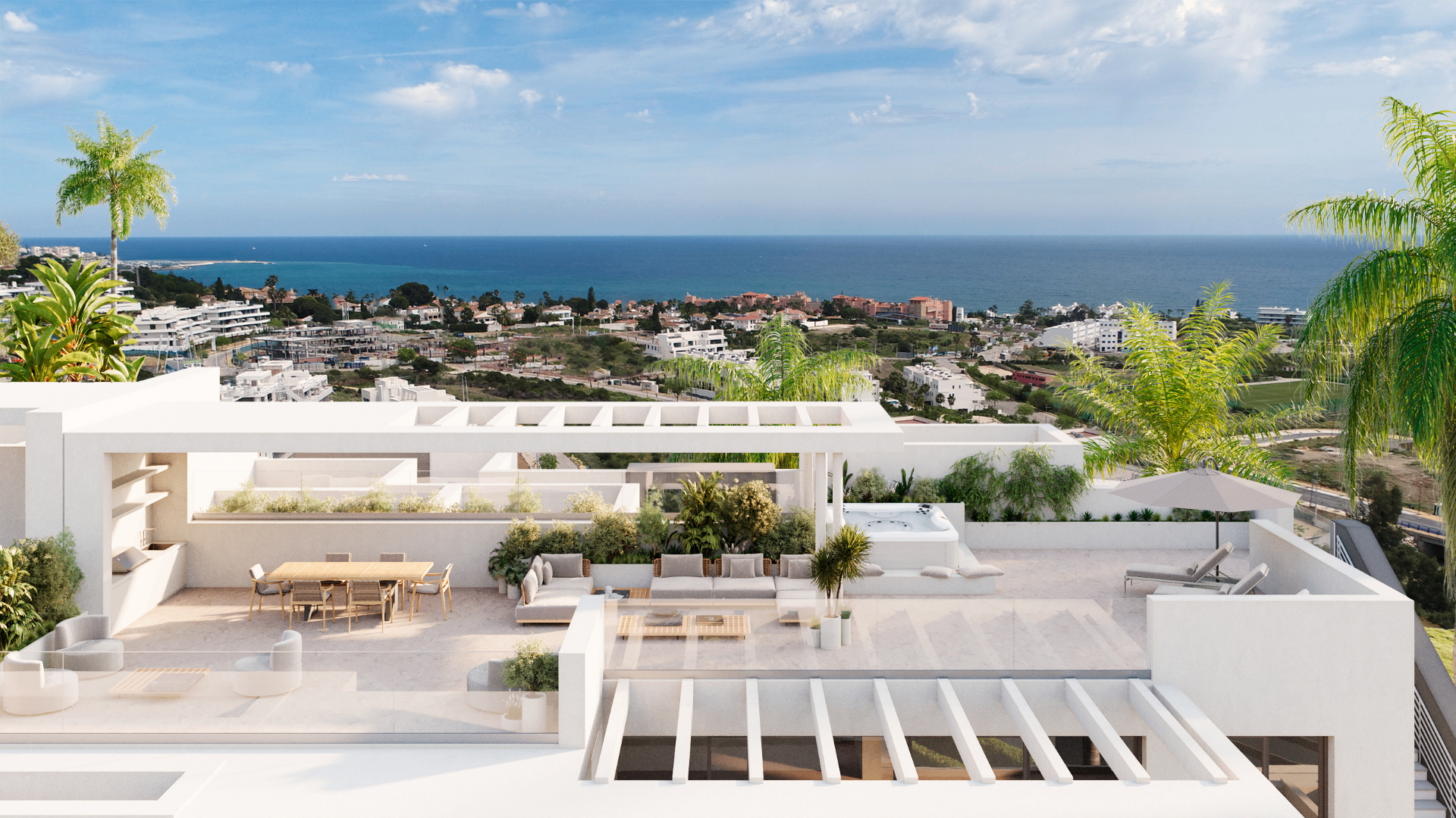 Panoramic rooftop terrace overlooking Estepona and the Mediterranean Sea