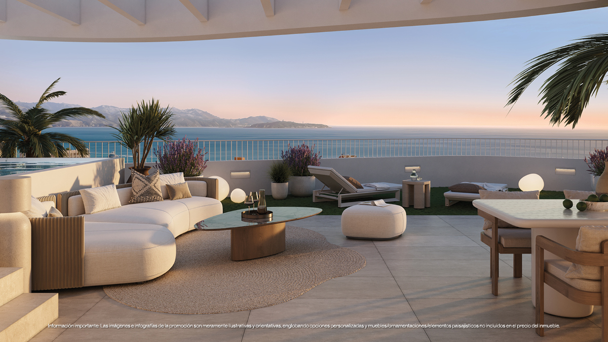 Private terrace with lounge seating and Mediterranean views