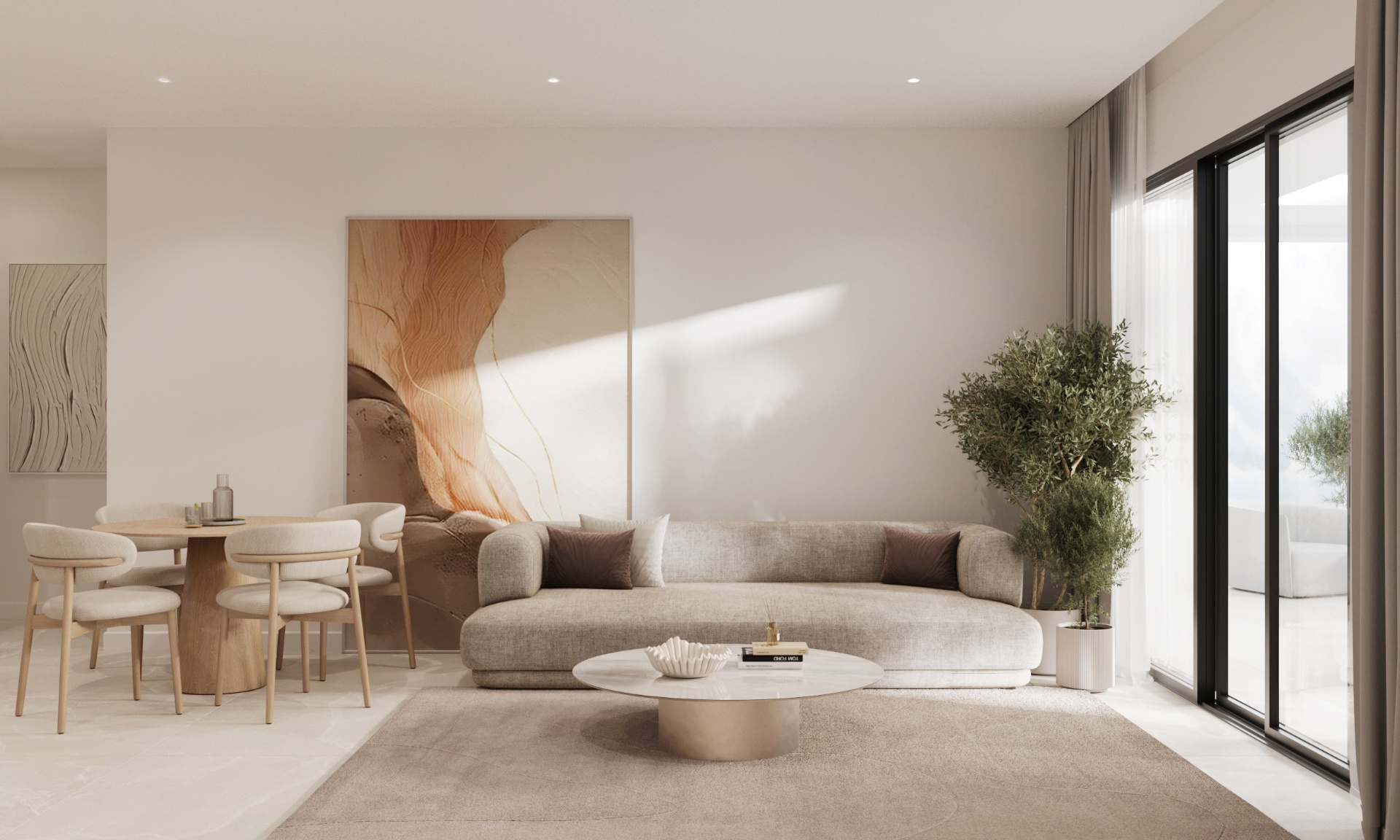 Contemporary living room with floor-to-ceiling window opening onto the terrace