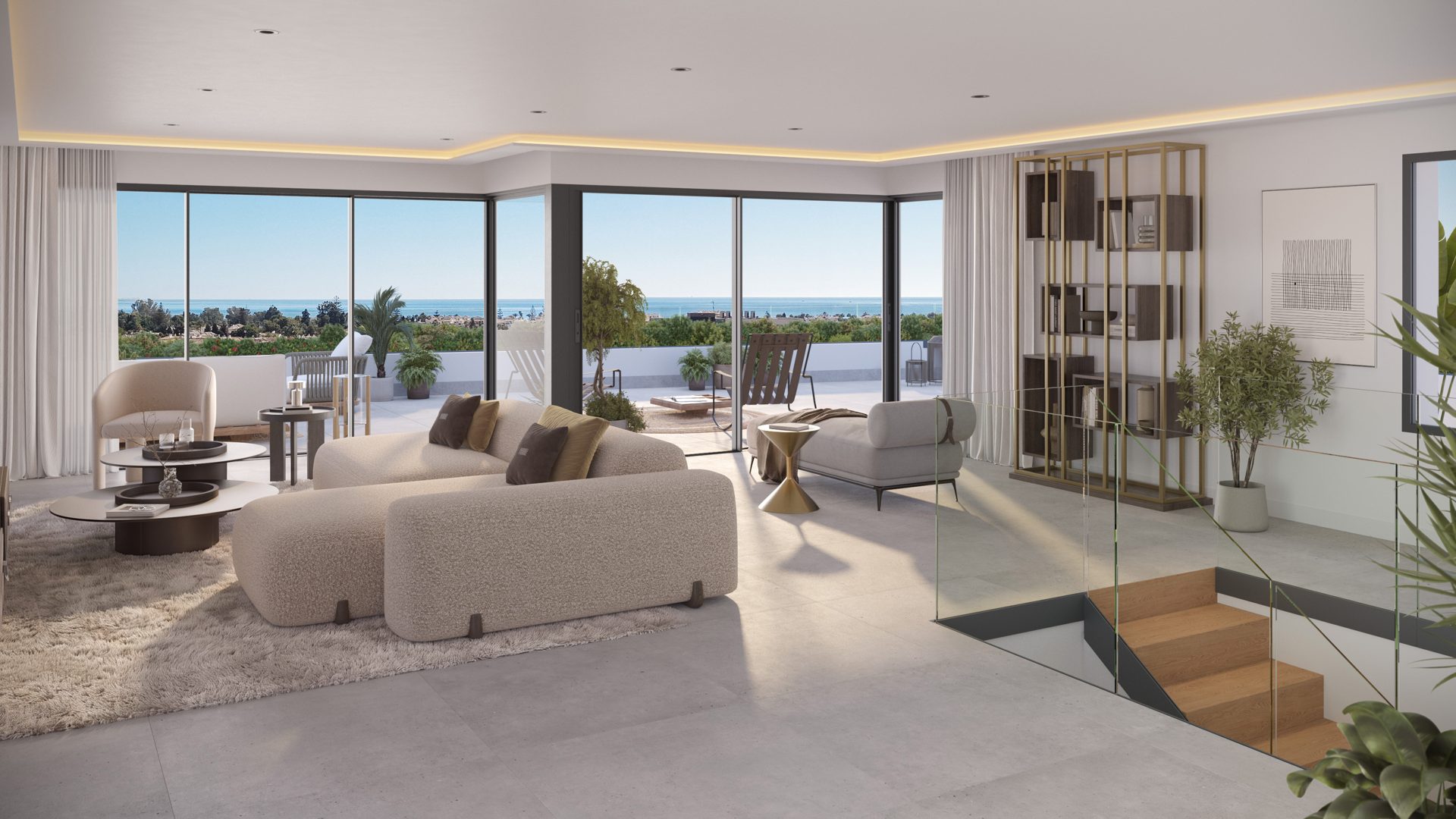 Open-plan living area with floor-to-ceiling windows