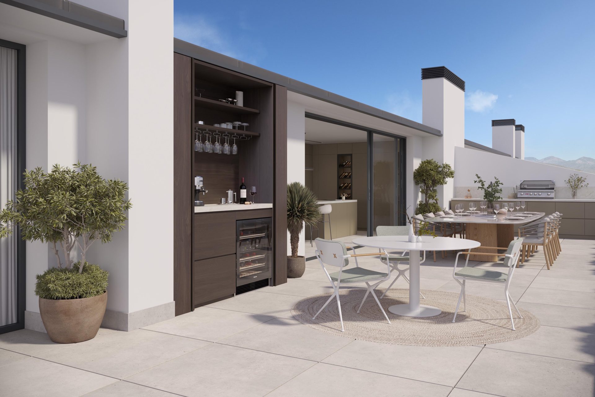 Rooftop terrace lounge at sunset