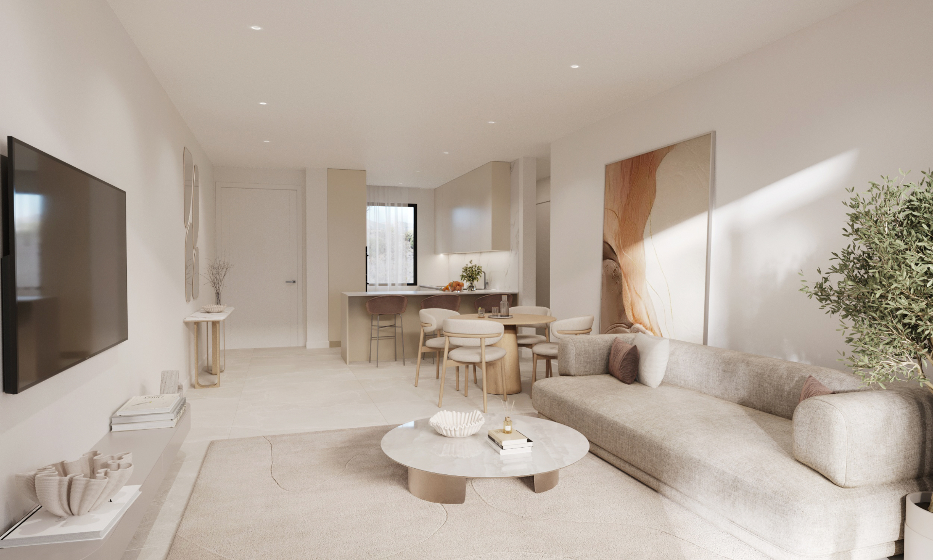 Bright open-plan living and dining area with designer kitchen in an Estepona apartment