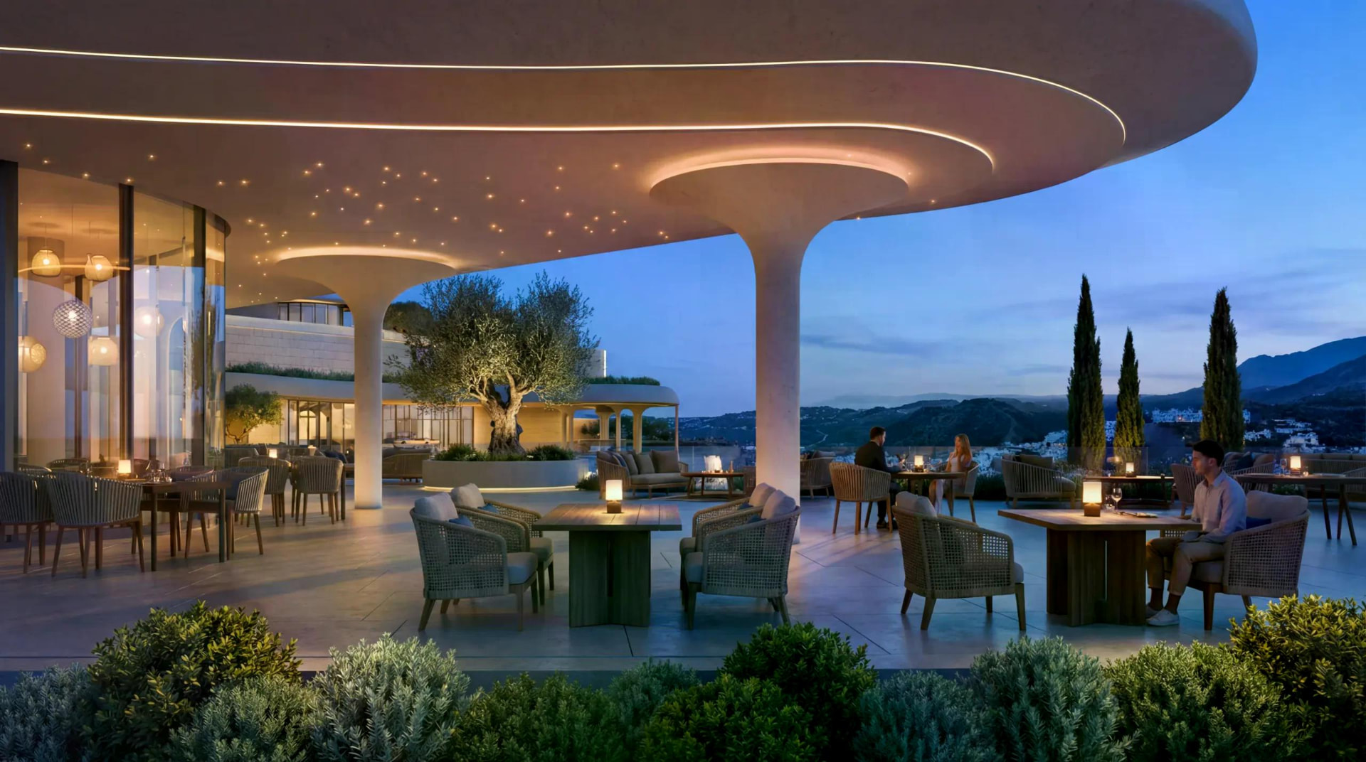Signature dining terrace at dusk