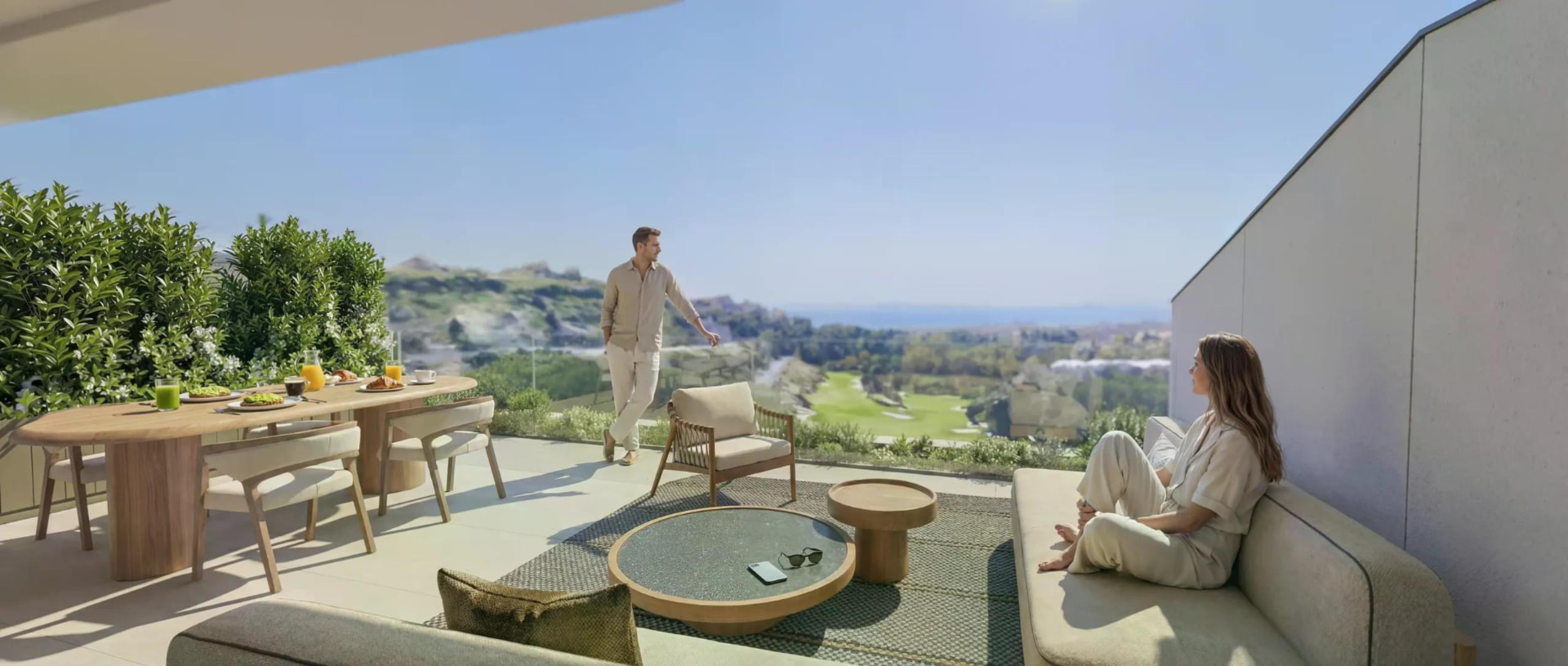 Private terrace with dining area and golf views
