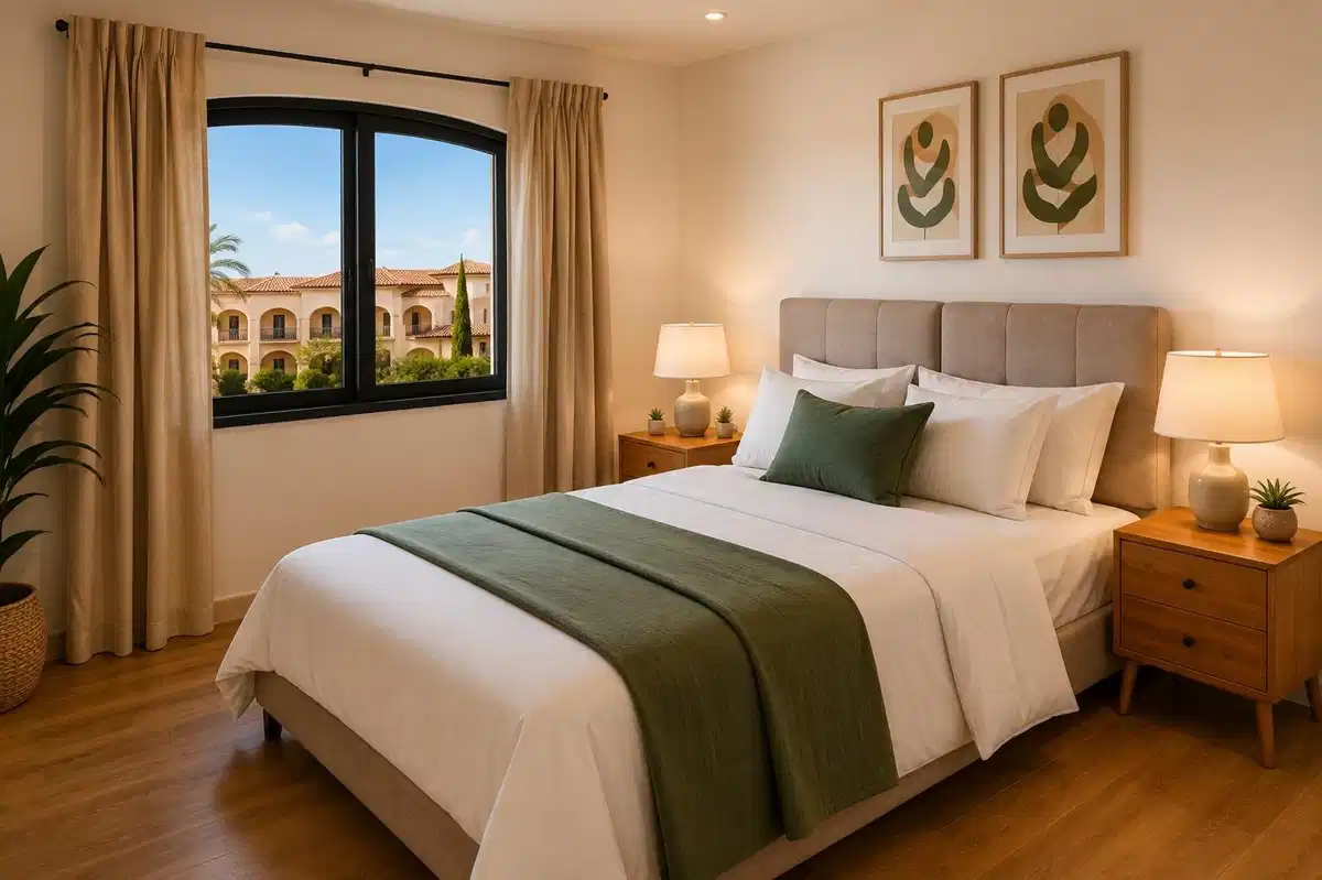 Furnished bedroom with garden view